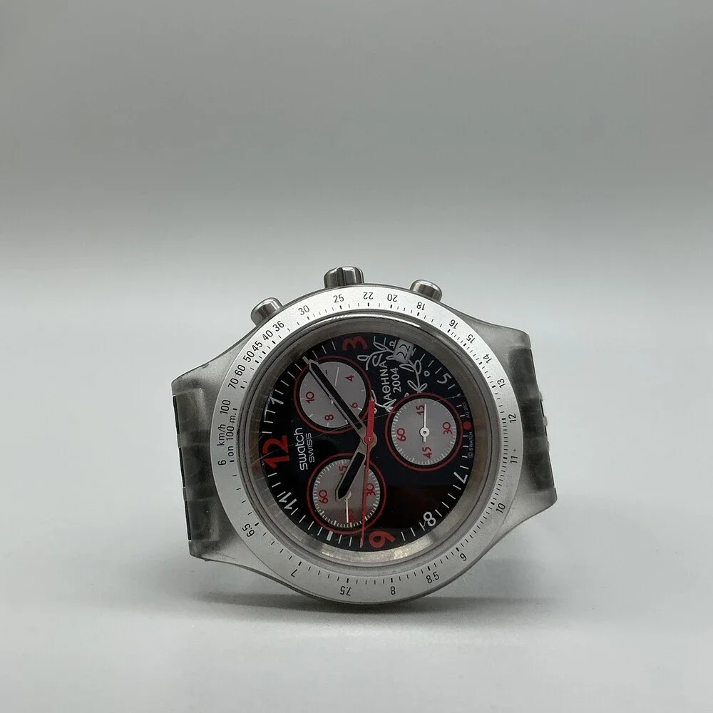 Swatch Irony Diaphane Athens 2004 Mens Watch 42mm Black Chronograph New Battery